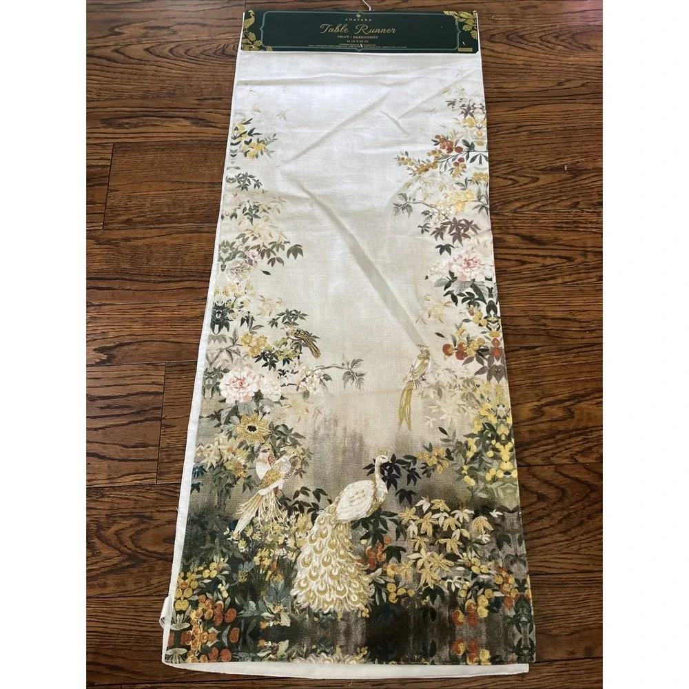 anatara Print Gold Embroidered table runner Floral Birds white peacocks 16 X 80